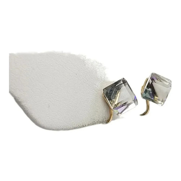 Gold Tone Peekaboo Clear Purple Glass AB Cube Modern Clip On Earrings - Picture 2 of 4